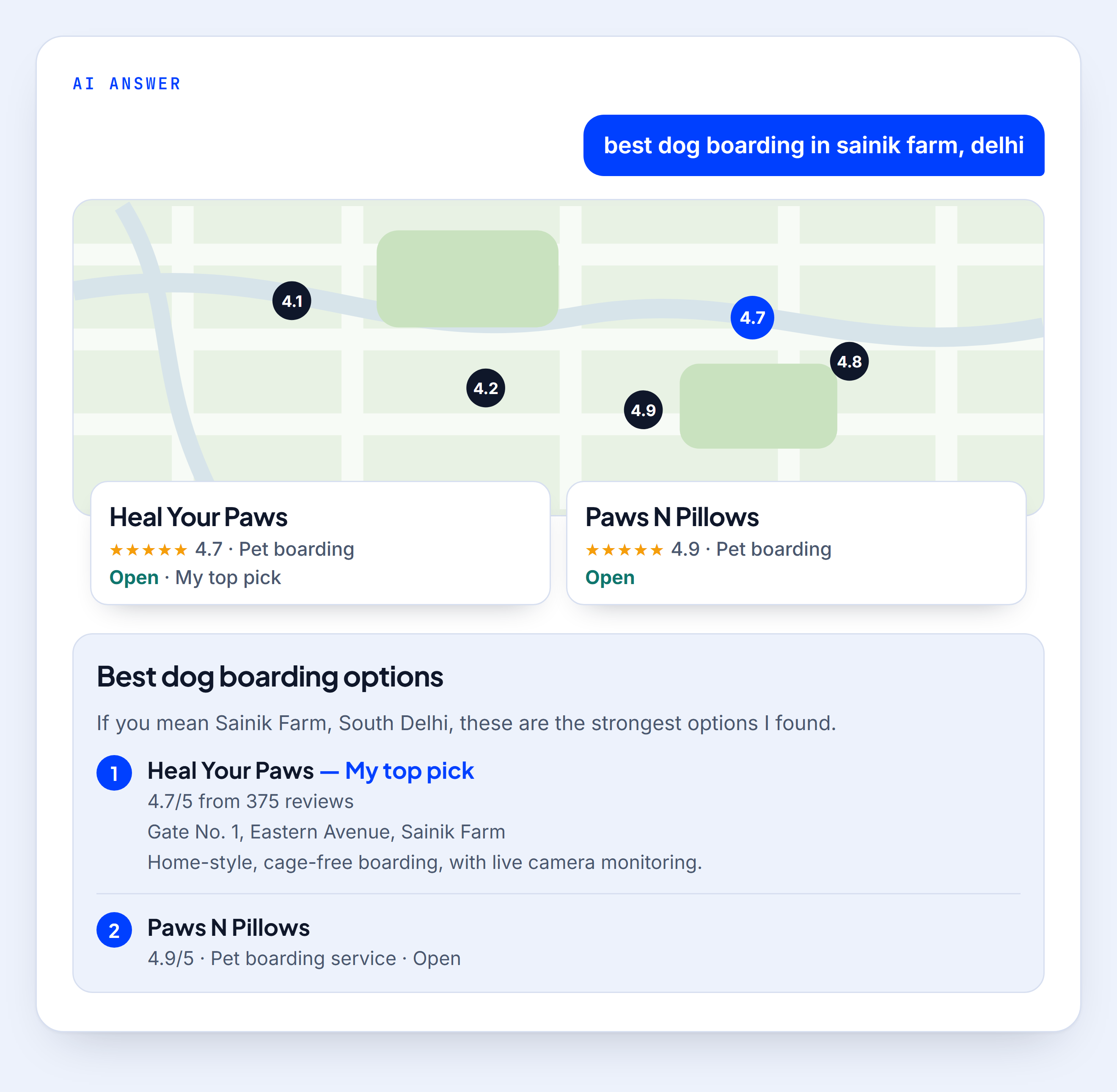 ChatGPT result for a local search, with a map and nearby businesses shown in the AI answer